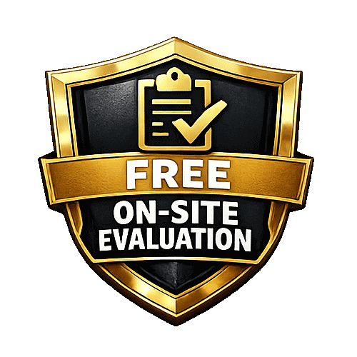 Free on-site evaluation shield graphic with a checkmark on a clipboard