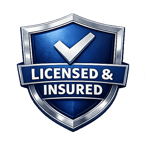 Licensed and insured shield graphic with a checkmark