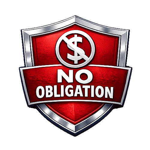 No obligation shield graphic with a money sign that has a slash across it